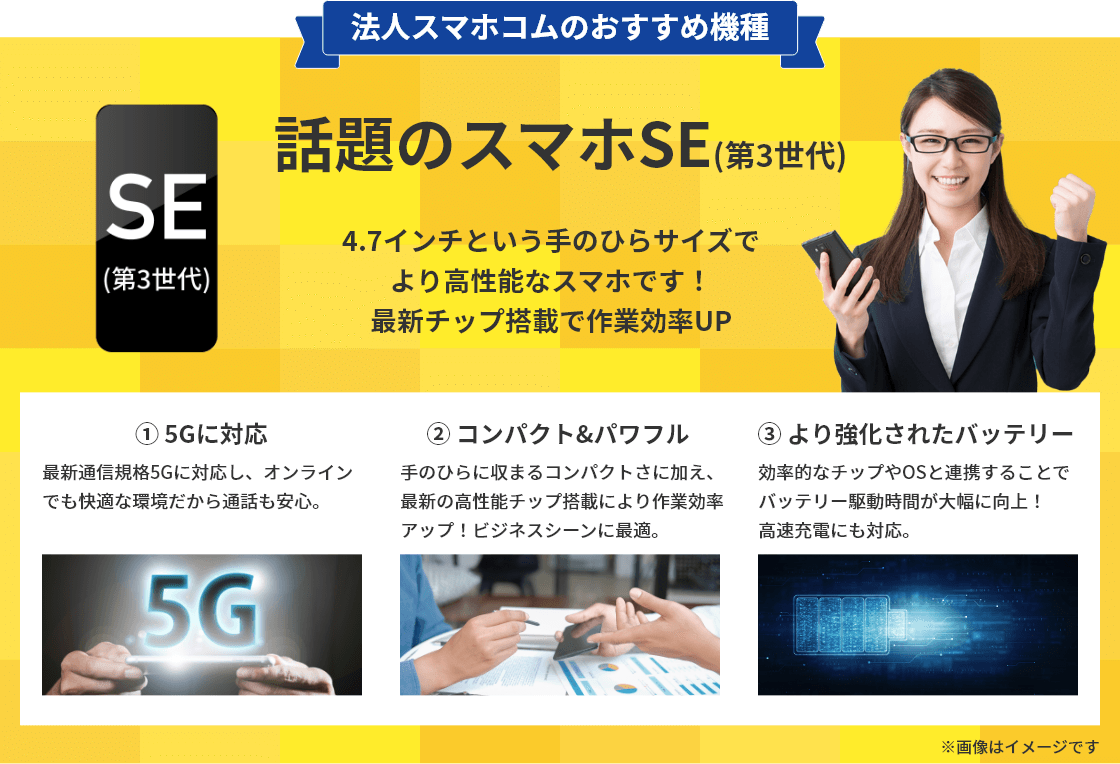 法人携帯スマホコムおススメの機種・話題のスマホSE(第3世代)!手のひらサイズで高性能チップ搭載!長く使えるおススメ機種です